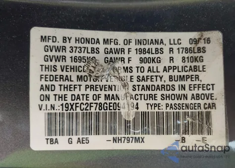 2016 Honda Civic Ex from USA, damaged, VIN 19XFC2F78GE094194